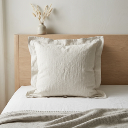 White natural linen oxford pillowcase, studio shot, modern Scandinavian bedroom
