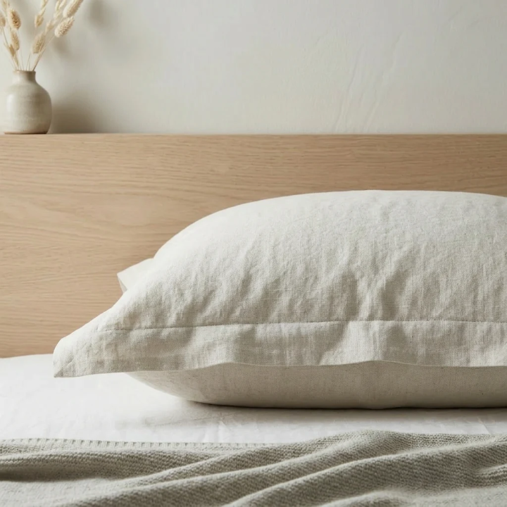 White natural linen oxford pillowcase, studio shot, modern Scandinavian bedroom