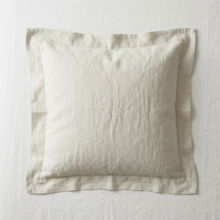 White natural linen oxford pillowcase, studio shot, modern Scandinavian bedroom