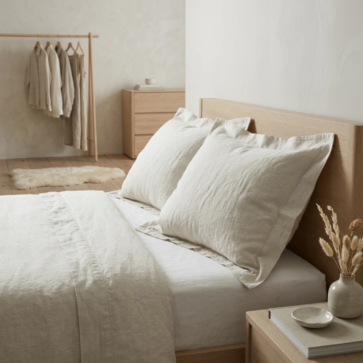 White natural linen oxford pillowcase, in a modern bedroom, modern Scandinavian bedroom
