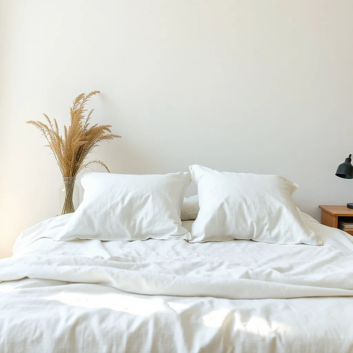White natural linen bedding set, studio shot, modern Scandinavian bedroom