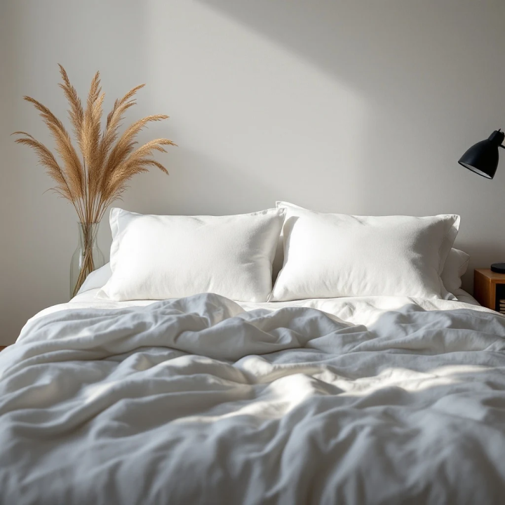 White natural linen bedding set, in a modern bedroom, modern Scandinavian bedroom