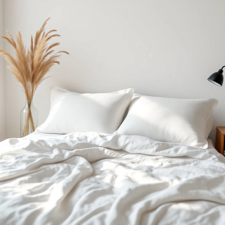 White natural linen bedding set, close-up macro detail, modern Scandinavian bedroom