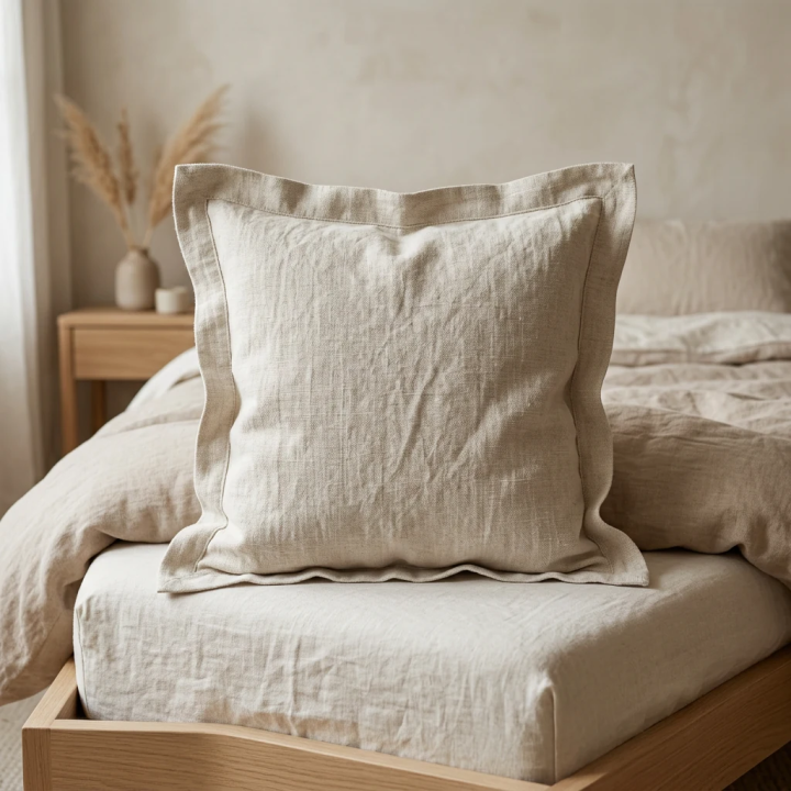 Oatmeal natural linen oxford pillowcase, studio shot, modern Scandinavian bedroom