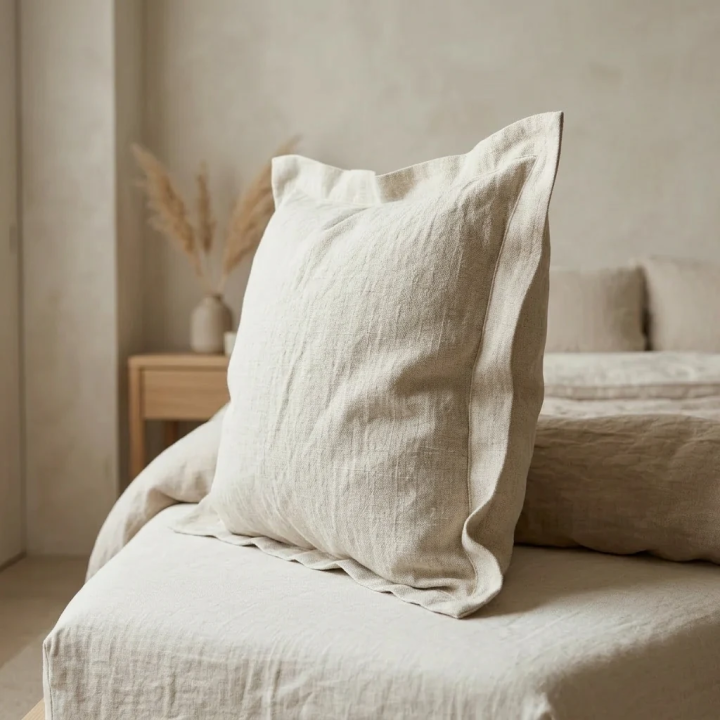 Oatmeal natural linen oxford pillowcase, studio shot, modern Scandinavian bedroom