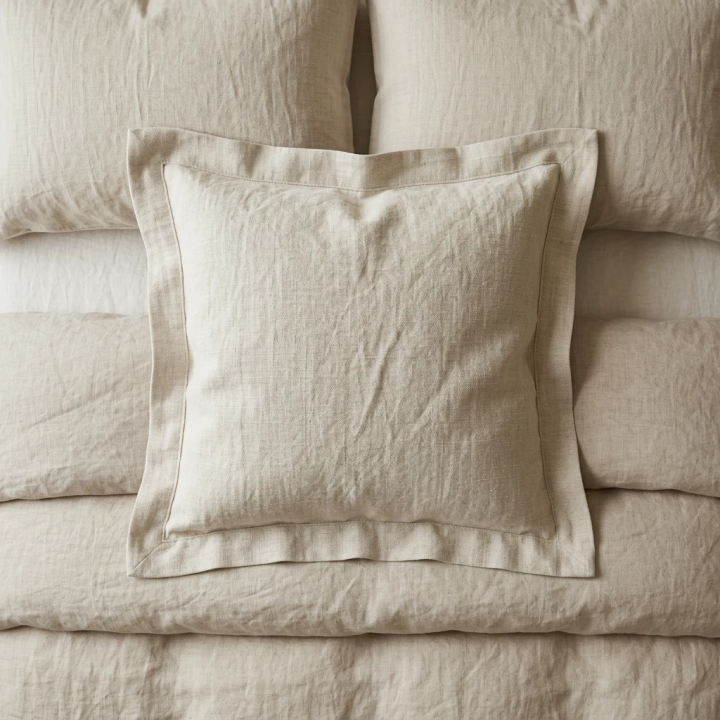 Oatmeal natural linen oxford pillowcase, studio shot, modern Scandinavian bedroom