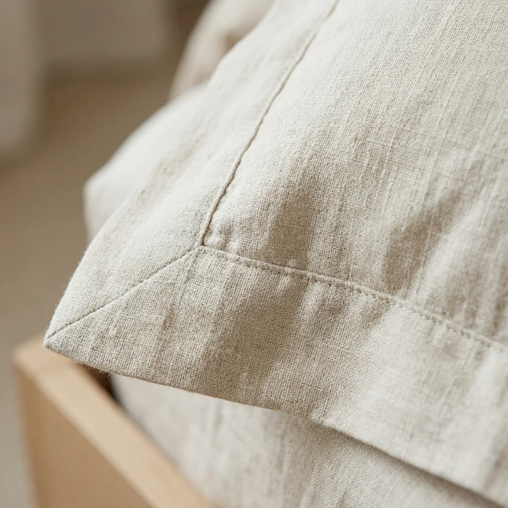 Oatmeal natural linen oxford pillowcase, studio shot, modern Scandinavian bedroom