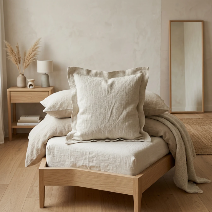 Oatmeal natural linen oxford pillowcase, in a modern bedroom, modern Scandinavian bedroom