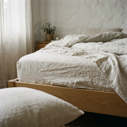 White natural linen fitted sheet, studio shot, modern Scandinavian bedroom