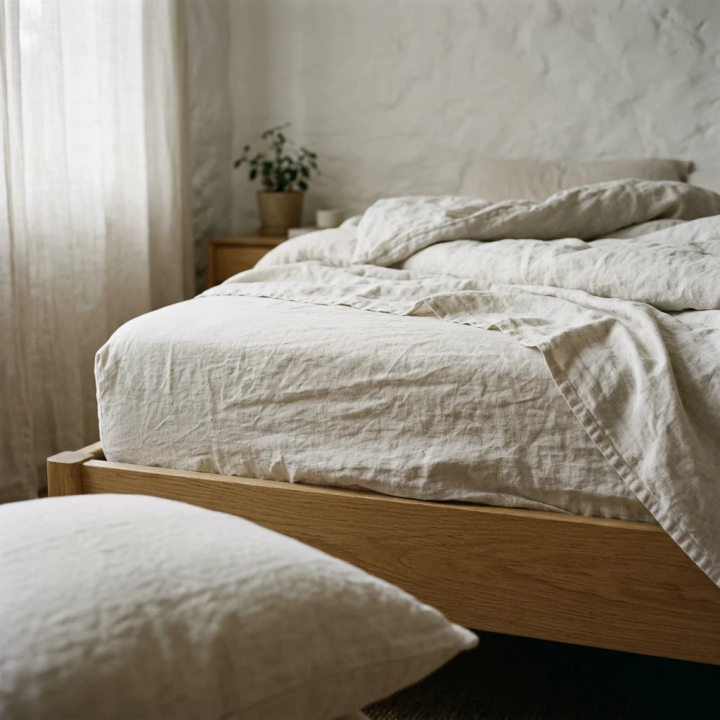 White natural linen fitted sheet, studio shot, modern Scandinavian bedroom