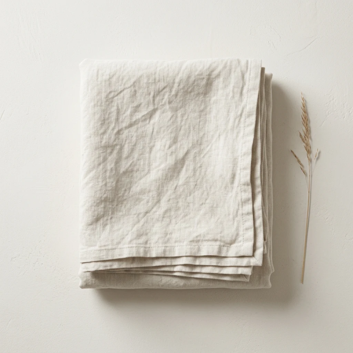 White natural linen fitted sheet, studio shot, modern Scandinavian bedroom