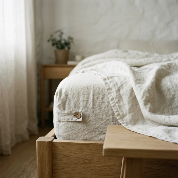 White natural linen fitted sheet, studio shot, modern Scandinavian bedroom