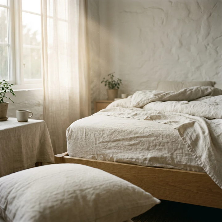 White natural linen fitted sheet, in a modern bedroom, modern Scandinavian bedroom