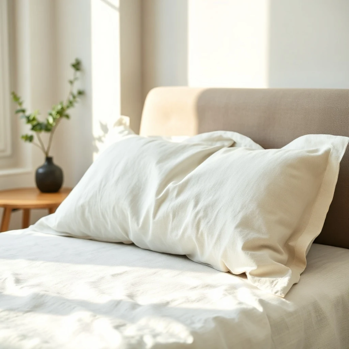 White natural linen housewife pillowcase, studio shot, modern Scandinavian bedroom