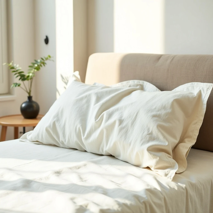 White natural linen housewife pillowcase, studio shot, modern Scandinavian bedroom
