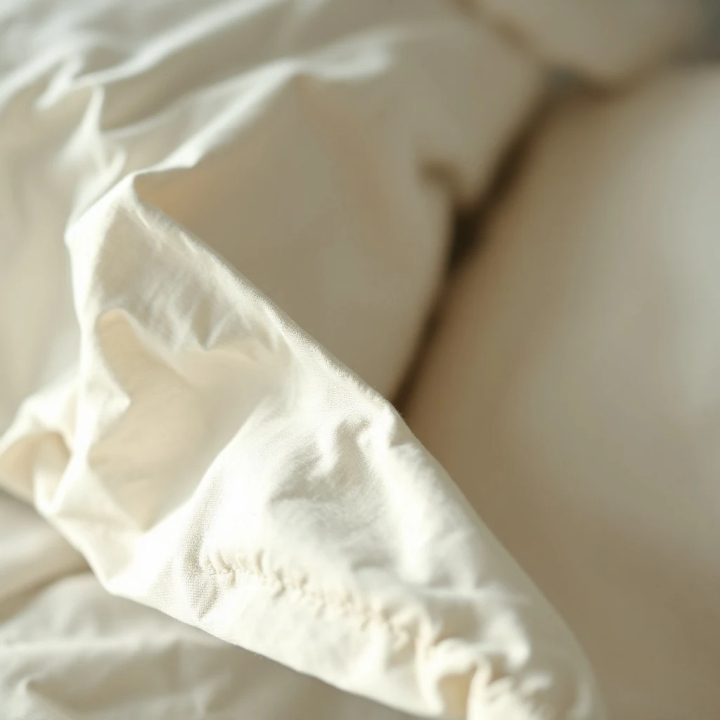 White natural linen housewife pillowcase, close-up macro detail, modern Scandinavian bedroom