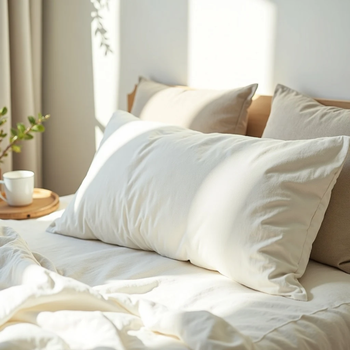White natural linen housewife pillowcase, in a modern bedroom, modern Scandinavian bedroom