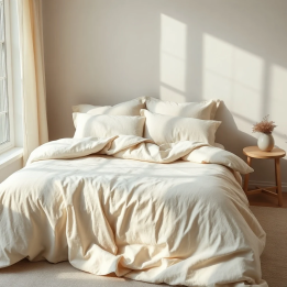 Oatmeal natural linen duvet cover set, studio shot, modern Scandinavian bedroom