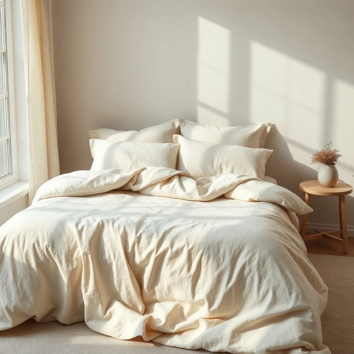 Oatmeal natural linen duvet cover set, studio shot, modern Scandinavian bedroom
