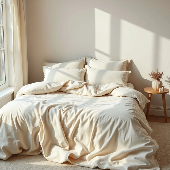 Oatmeal natural linen duvet cover set, studio shot, modern Scandinavian bedroom