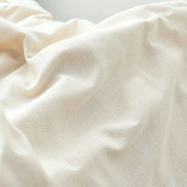 Oatmeal natural linen duvet cover set, close-up macro detail, modern Scandinavian bedroom