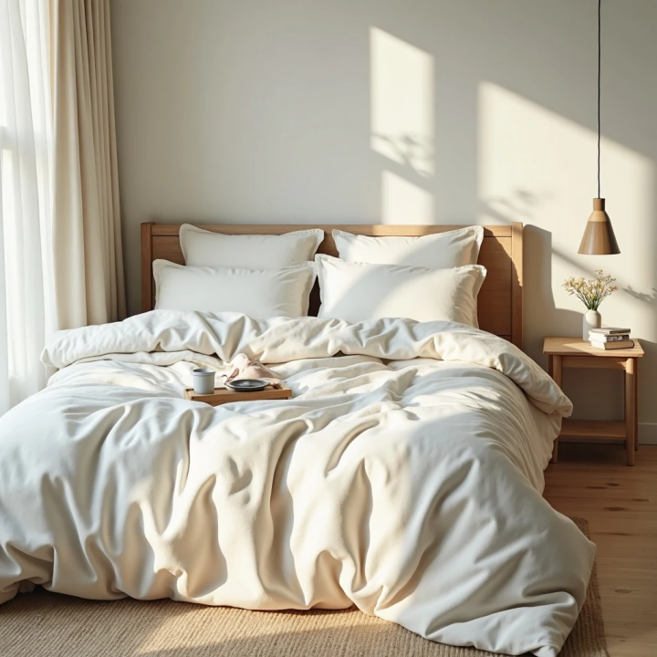 Oatmeal natural linen duvet cover set, in a modern bedroom, modern Scandinavian bedroom