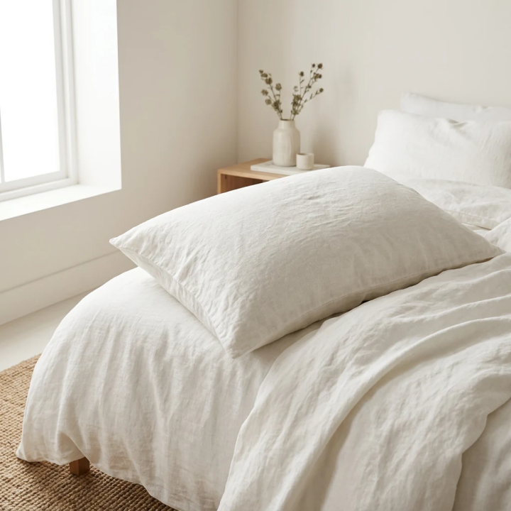 White natural linen housewife pillowcase, studio shot, modern Scandinavian bedroom