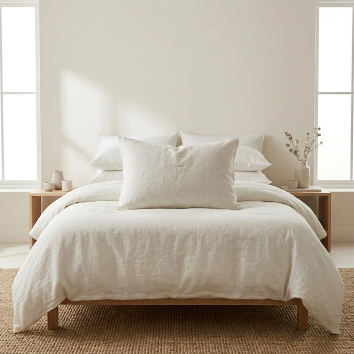 White natural linen housewife pillowcase, studio shot, modern Scandinavian bedroom