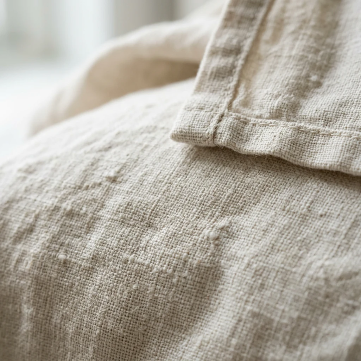 White natural linen housewife pillowcase, close-up macro detail, modern Scandinavian bedroom