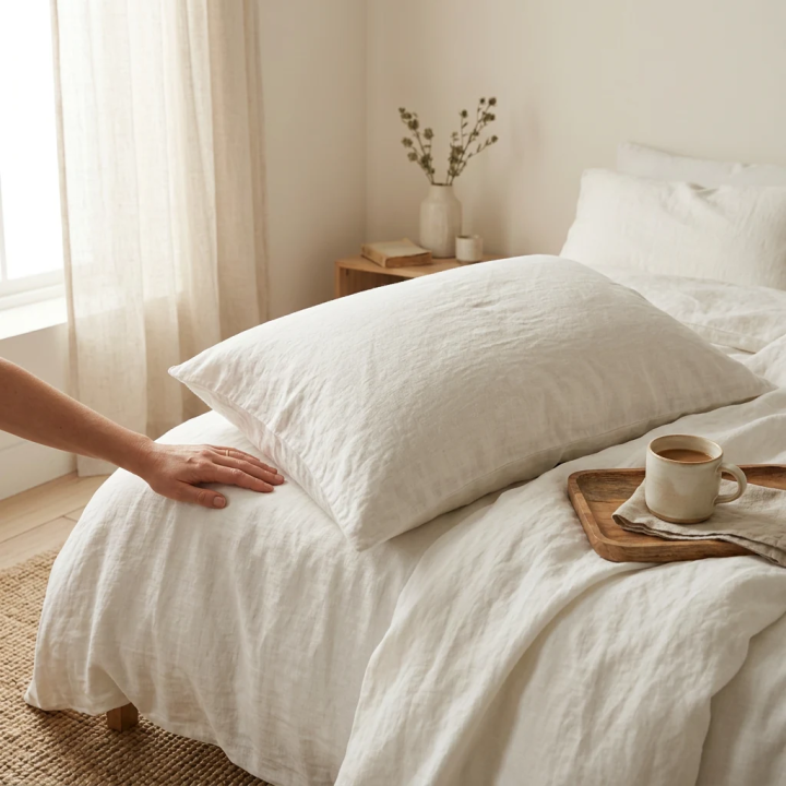 White natural linen housewife pillowcase, in a modern bedroom, modern Scandinavian bedroom