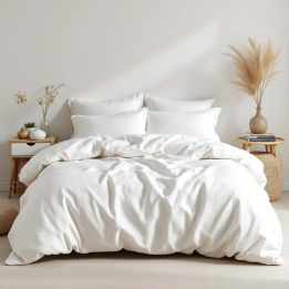 White natural linen bedding set, studio shot, modern Scandinavian bedroom