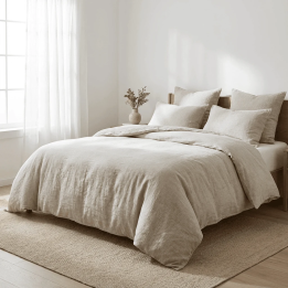 Oatmeal natural linen linen duvet cover — studio shot, modern Scandinavian bedroom