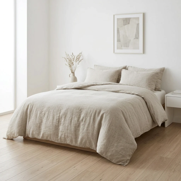 Oatmeal natural linen linen duvet cover — lifestyle-daylight, modern Scandinavian bedroom