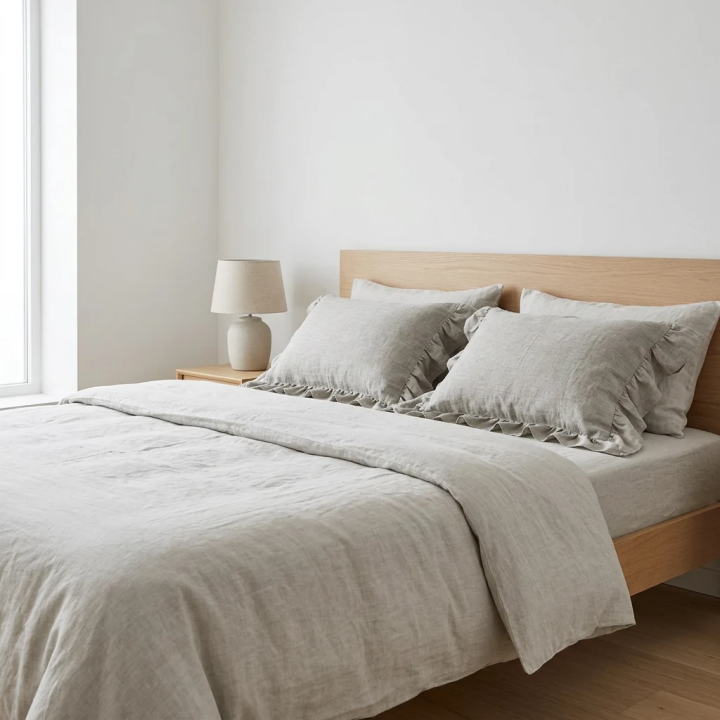 Oatmeal natural linen linen ruffled pillowcase — lifestyle, modern Scandinavian bedroom