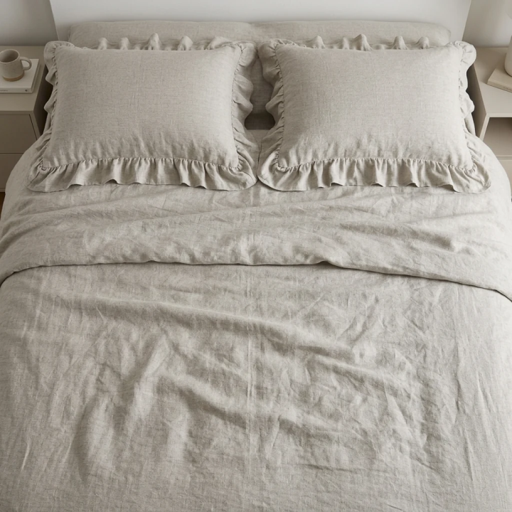 Oatmeal linen pillowcase with ruffles