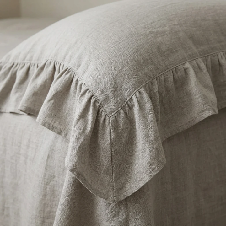 Oatmeal natural linen linen ruffled pillowcase — detail, modern Scandinavian bedroom