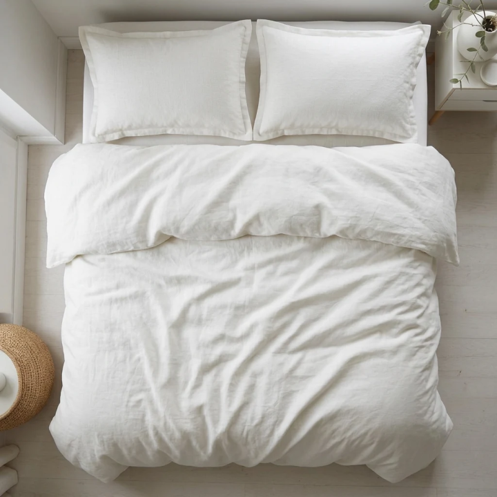 White natural linen linen duvet cover — top, modern Scandinavian bedroom