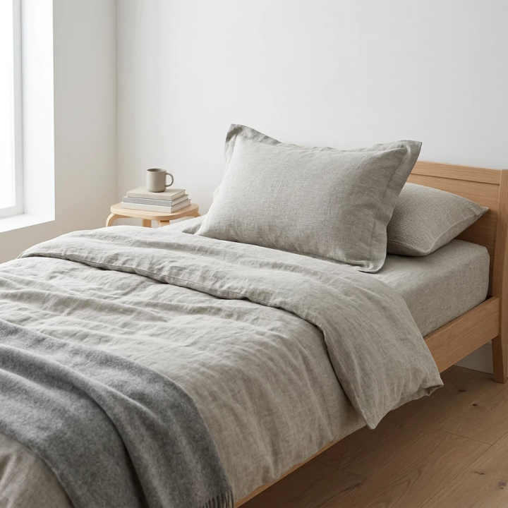 Oatmeal natural linen linen oxford pillowcase — lifestyle, modern Scandinavian bedroom